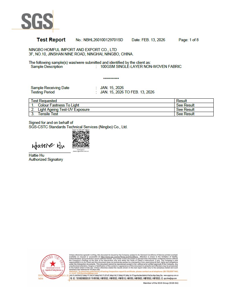 13 SGS Non-Woven Fabric UV Ageing Test Report